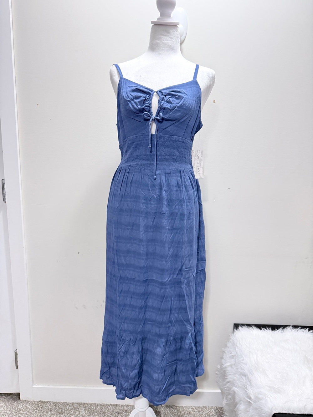 Blue Tie-Front Maxi Dress with Smocked Waist
